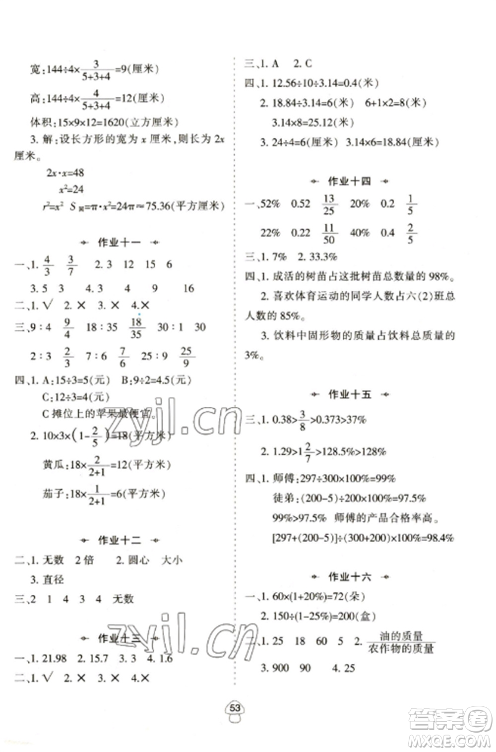 陜西人民教育出版社2023寒假作業(yè)六年級數(shù)學(xué)全冊人教版參考答案