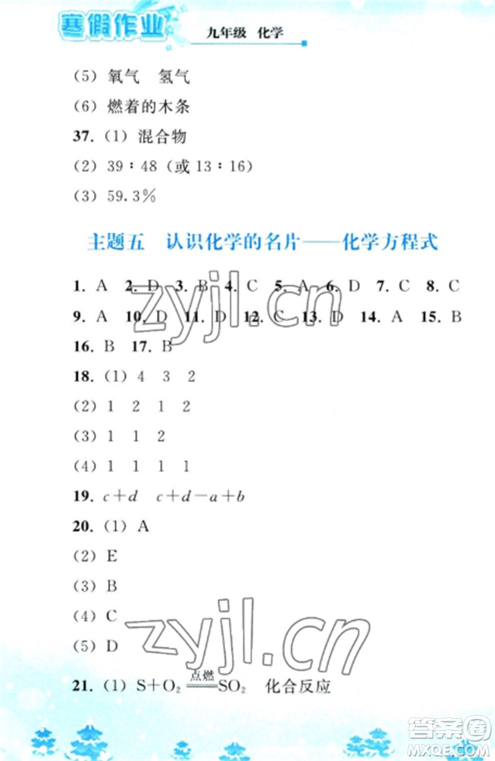 人民教育出版社2023寒假作業(yè)九年級化學全冊人教版參考答案