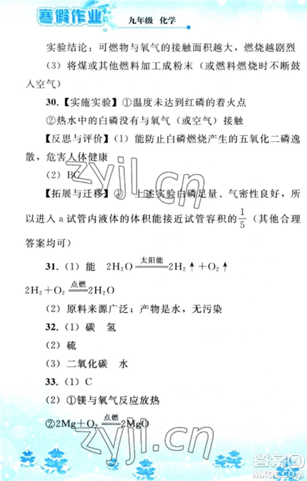 人民教育出版社2023寒假作業(yè)九年級化學全冊人教版參考答案