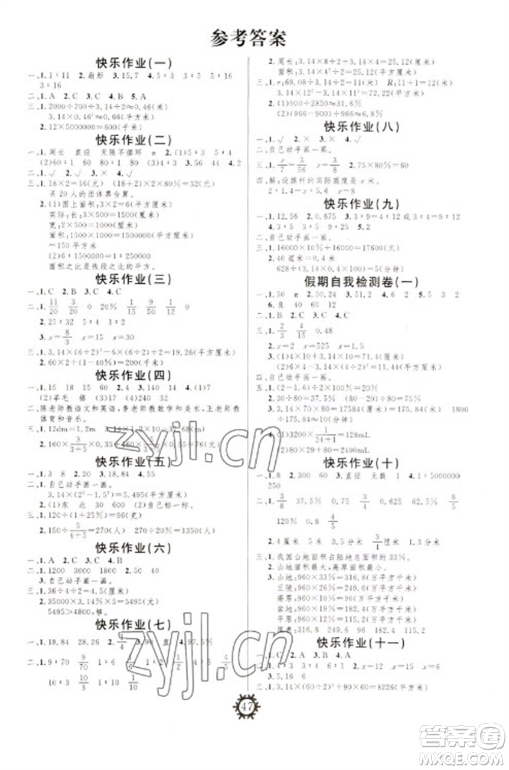 新疆美術(shù)攝影出版社2023智多星創(chuàng)新達(dá)標(biāo)快樂寒假六年級數(shù)學(xué)冀教版參考答案