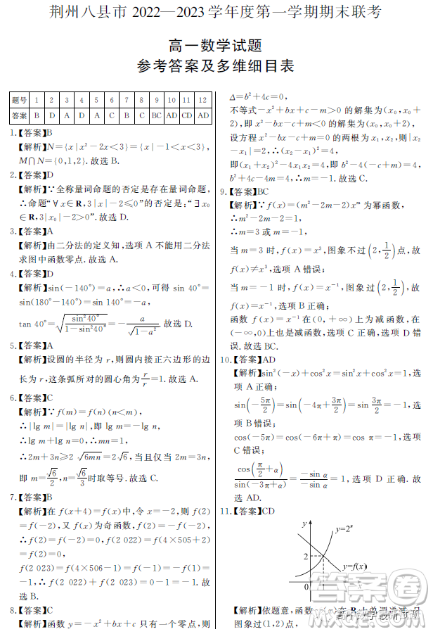 荊州八縣市2022-2023學(xué)年第一學(xué)期期末聯(lián)考高一數(shù)學(xué)試題答案