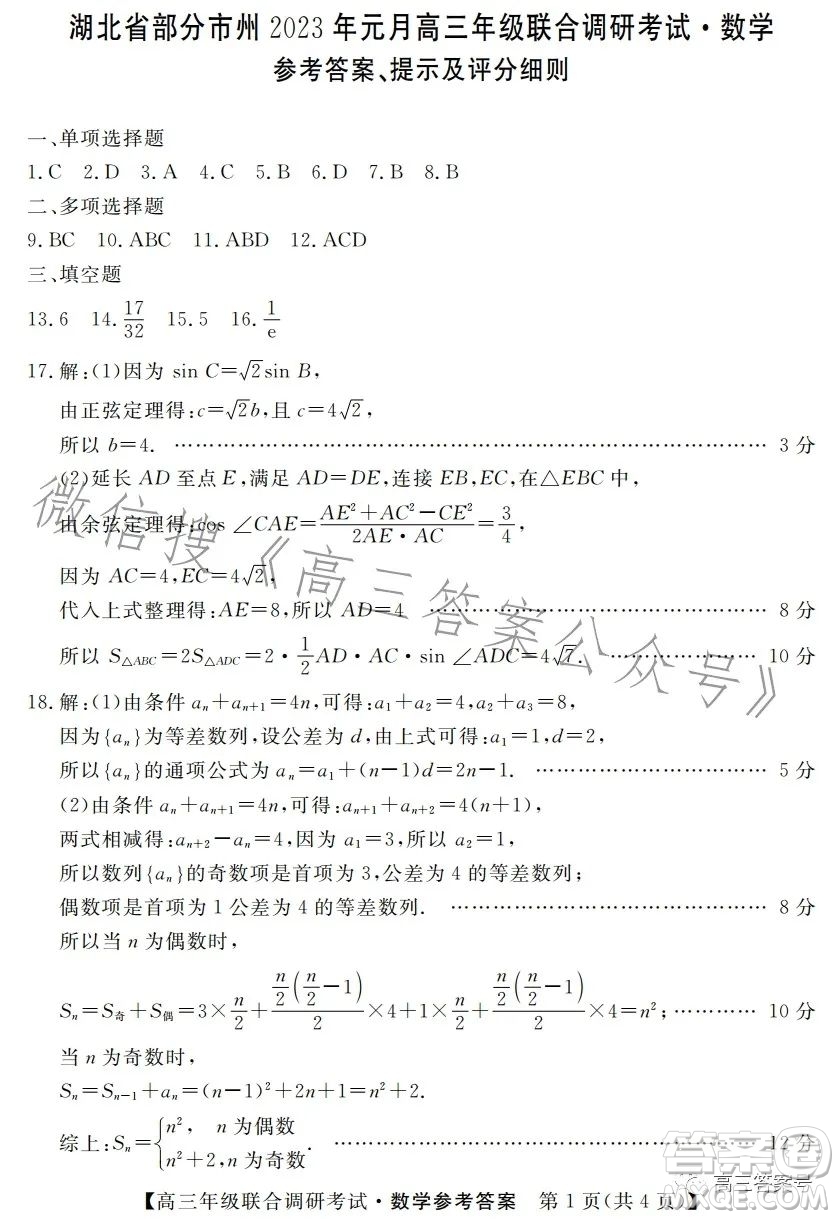 湖北省部分市州2023年元月高三年級(jí)聯(lián)合調(diào)研考試數(shù)學(xué)試卷答案