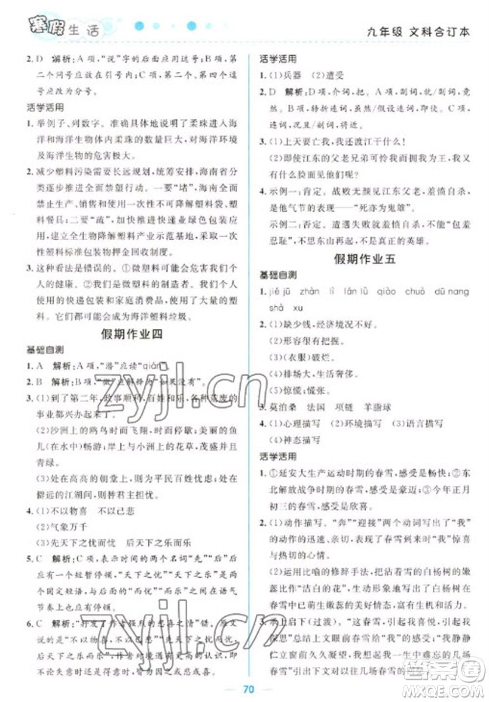 北京師范大學出版社2023寒假生活九年級文科合訂本人教版參考答案