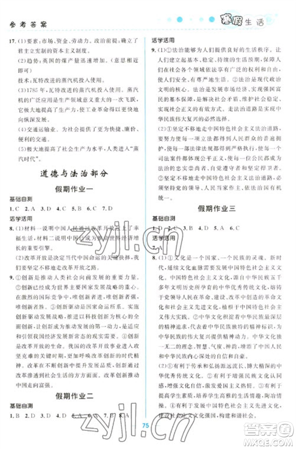 北京師范大學出版社2023寒假生活九年級文科合訂本人教版參考答案