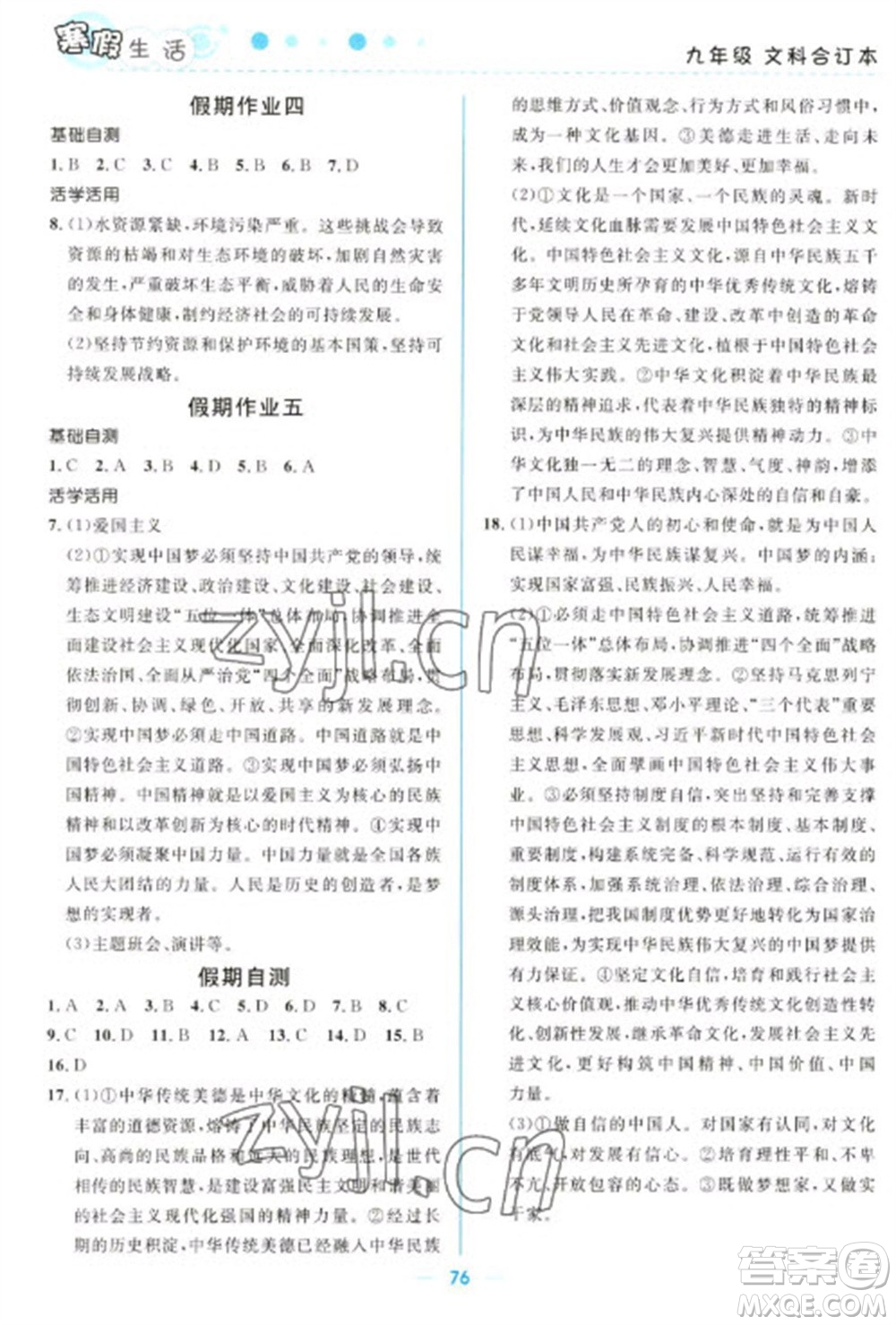 北京師范大學出版社2023寒假生活九年級文科合訂本人教版參考答案