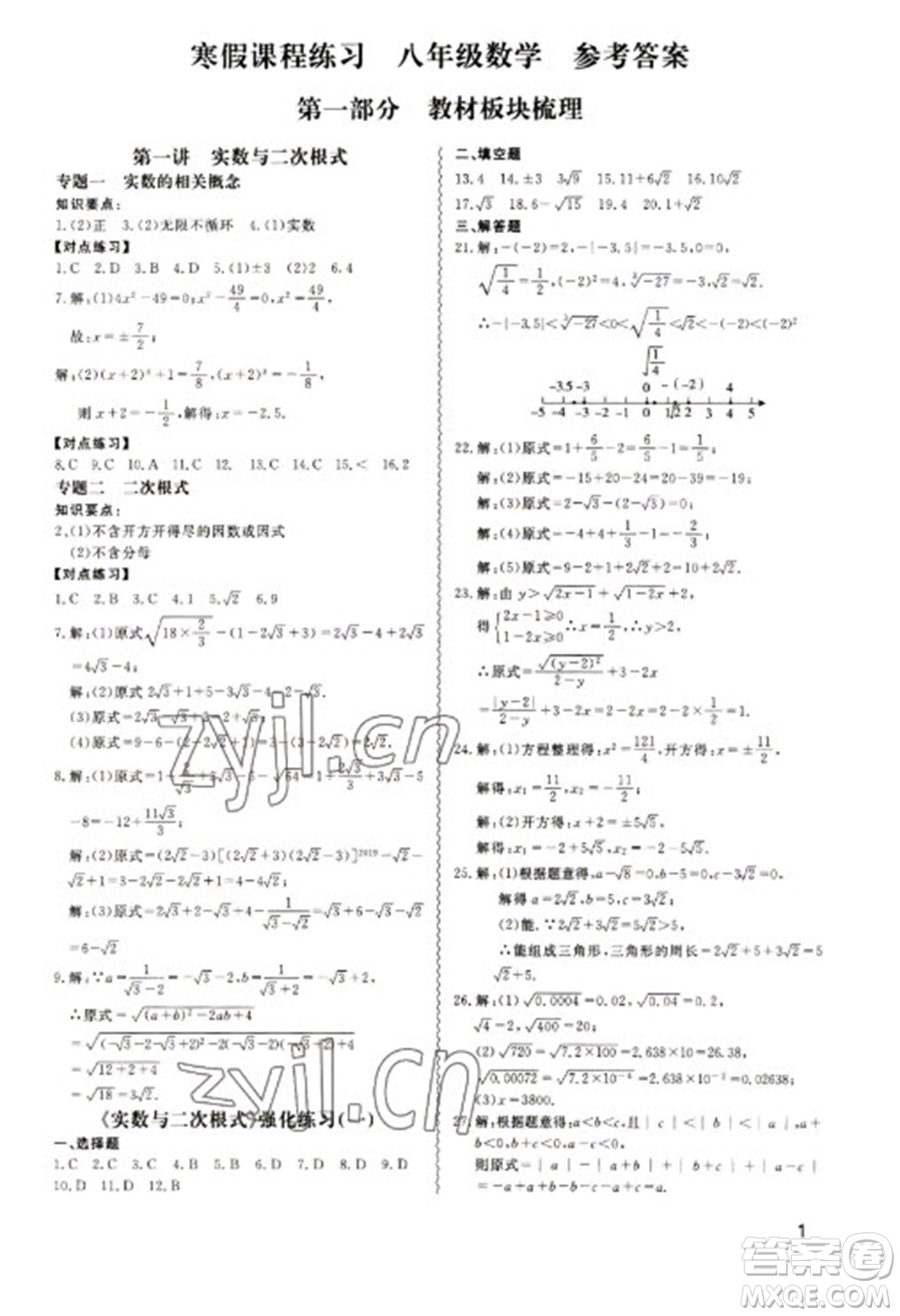 天津教育出版社2023寒假課程練習八年級數(shù)學人教版參考答案