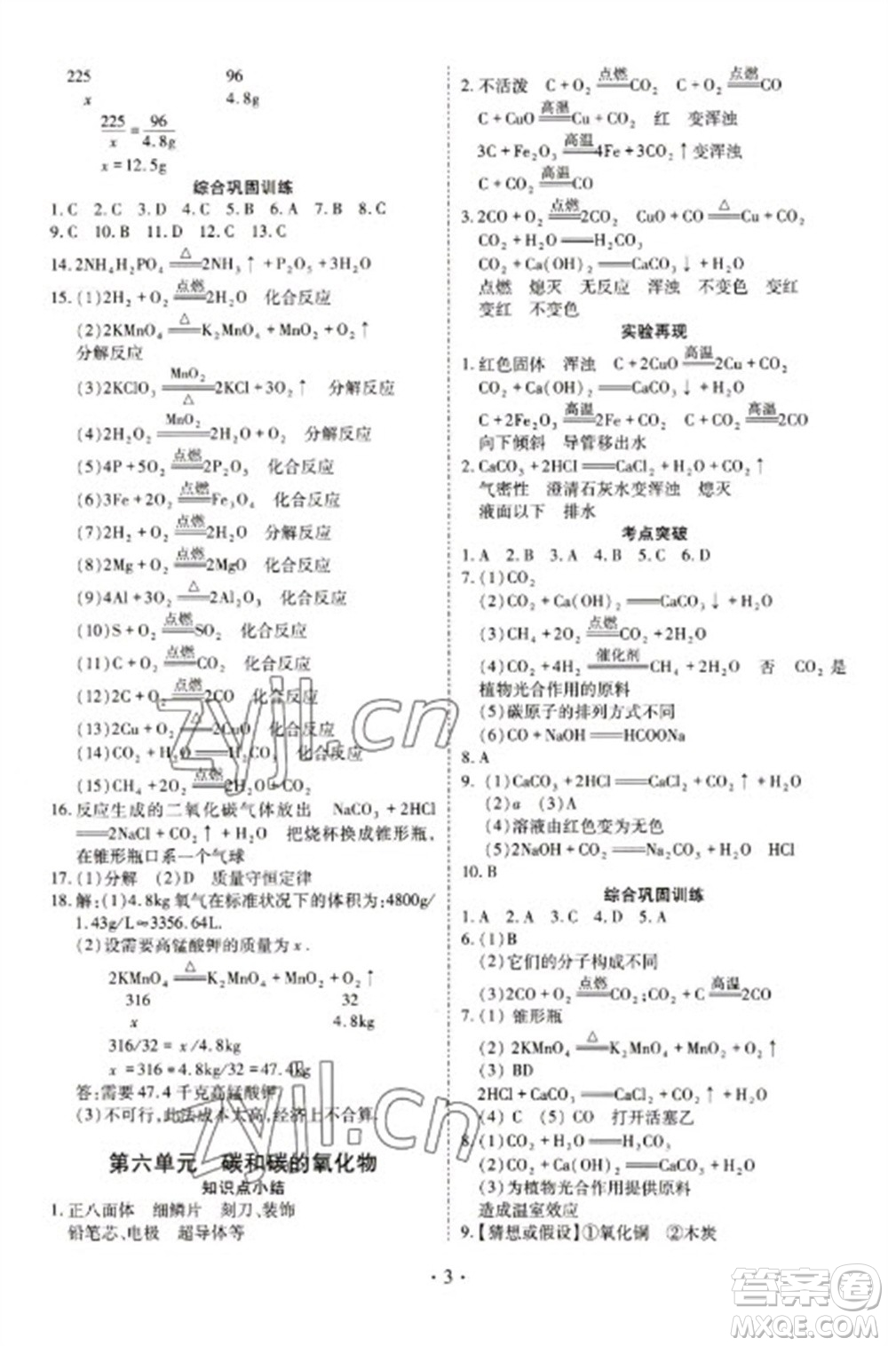 天津教育出版社2023寒假課程練習(xí)九年級(jí)化學(xué)人教版參考答案