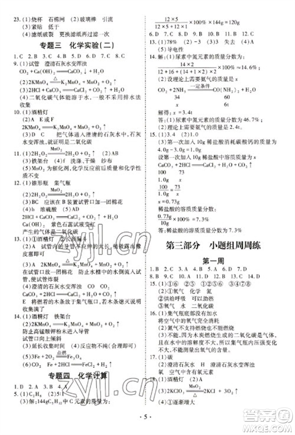 天津教育出版社2023寒假課程練習(xí)九年級(jí)化學(xué)人教版參考答案