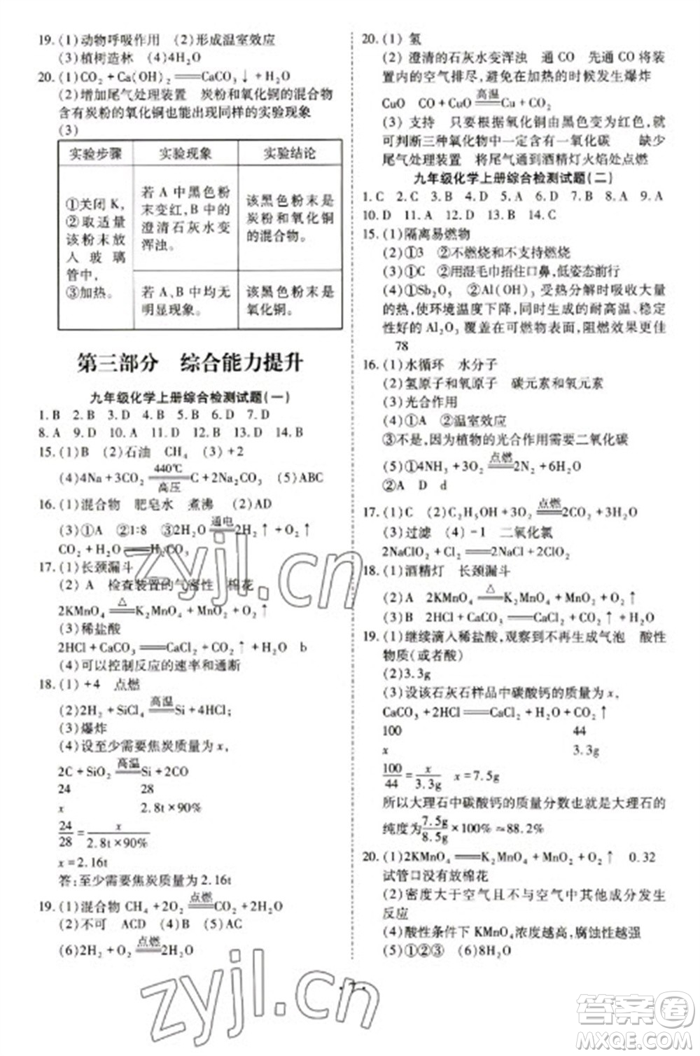 天津教育出版社2023寒假課程練習(xí)九年級(jí)化學(xué)人教版參考答案