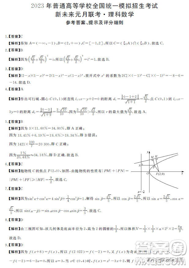 2023屆新未來元月聯(lián)考理科數(shù)學(xué)試題答案