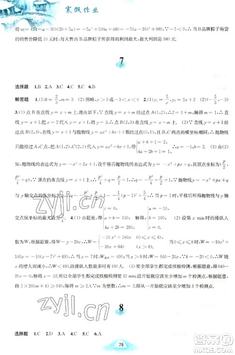 黃山書社2023寒假作業(yè)九年級數(shù)學(xué)滬科版參考答案