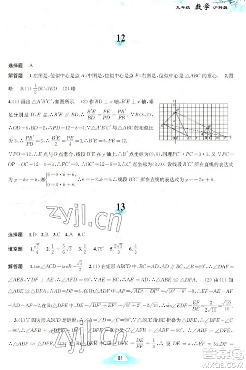 黃山書社2023寒假作業(yè)九年級數(shù)學(xué)滬科版參考答案