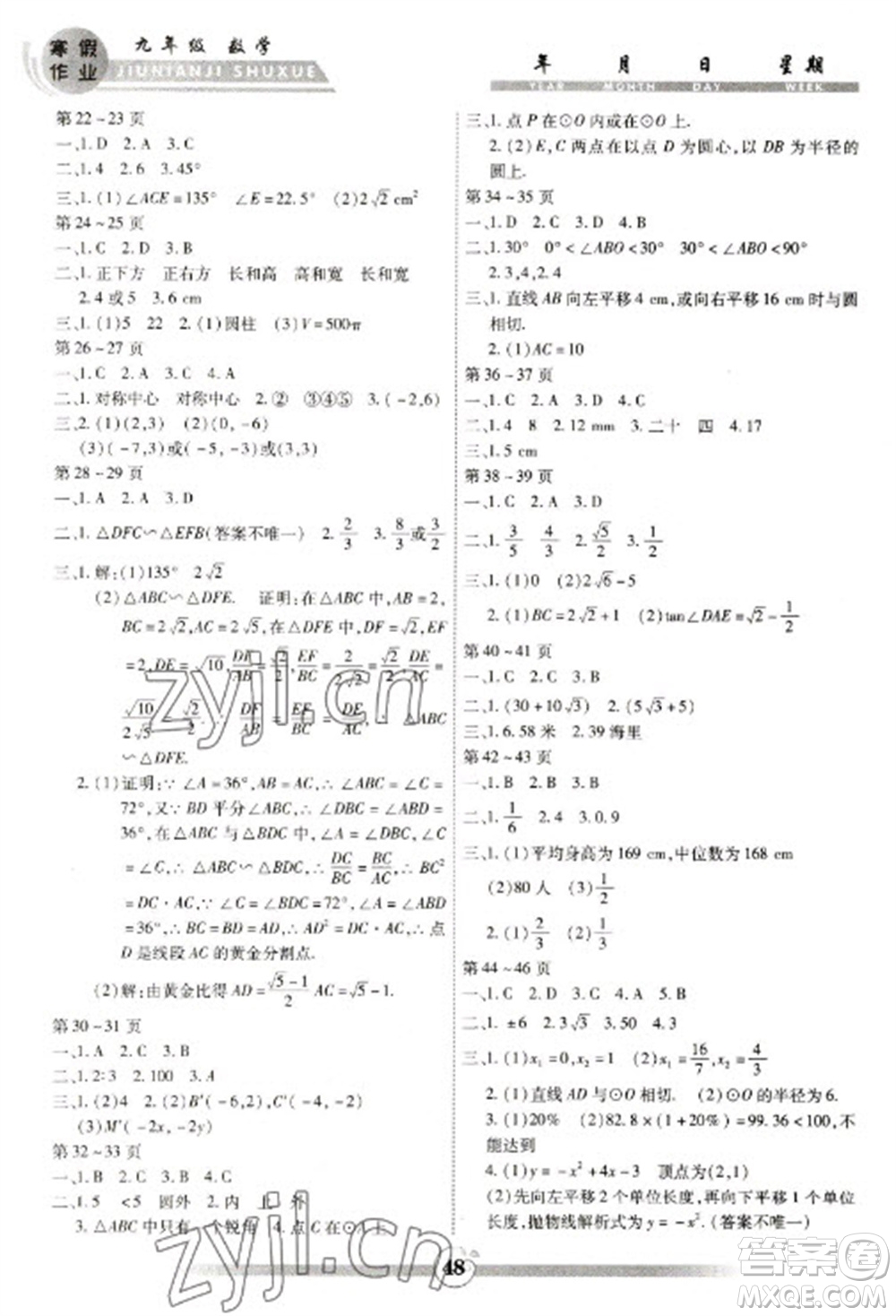 云南科技出版社2023智趣寒假作業(yè)九年級(jí)數(shù)學(xué)人教版參考答案