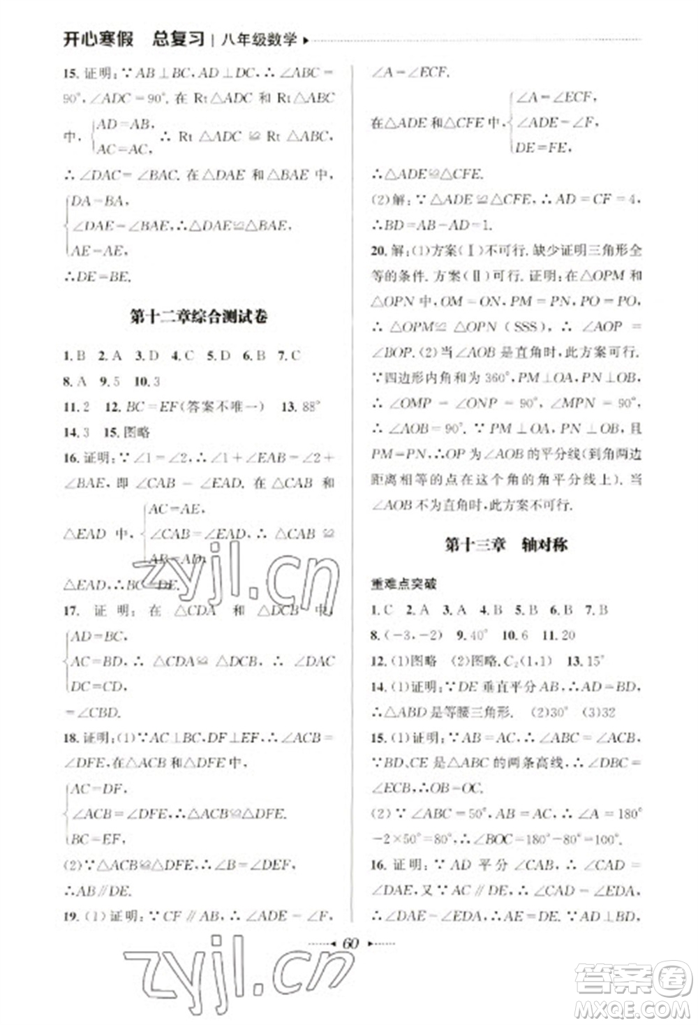 南方出版社2023開心寒假總復(fù)習(xí)八年級(jí)數(shù)學(xué)通用版參考答案