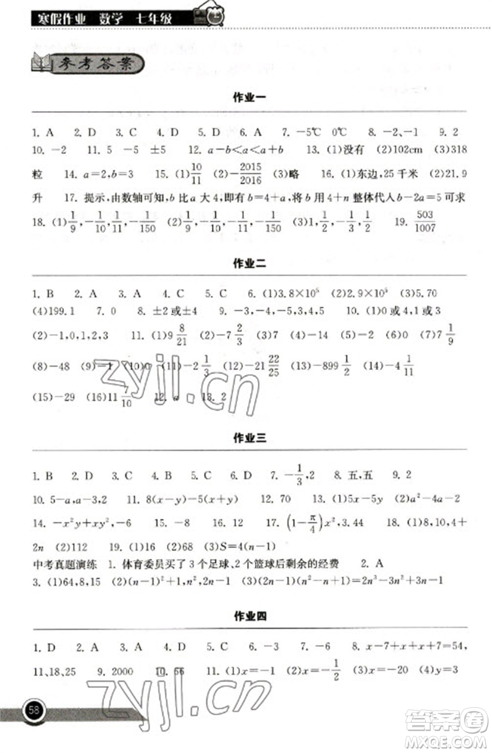 湖北教育出版社2023長江作業(yè)本寒假作業(yè)七年級數(shù)學(xué)人教版參考答案