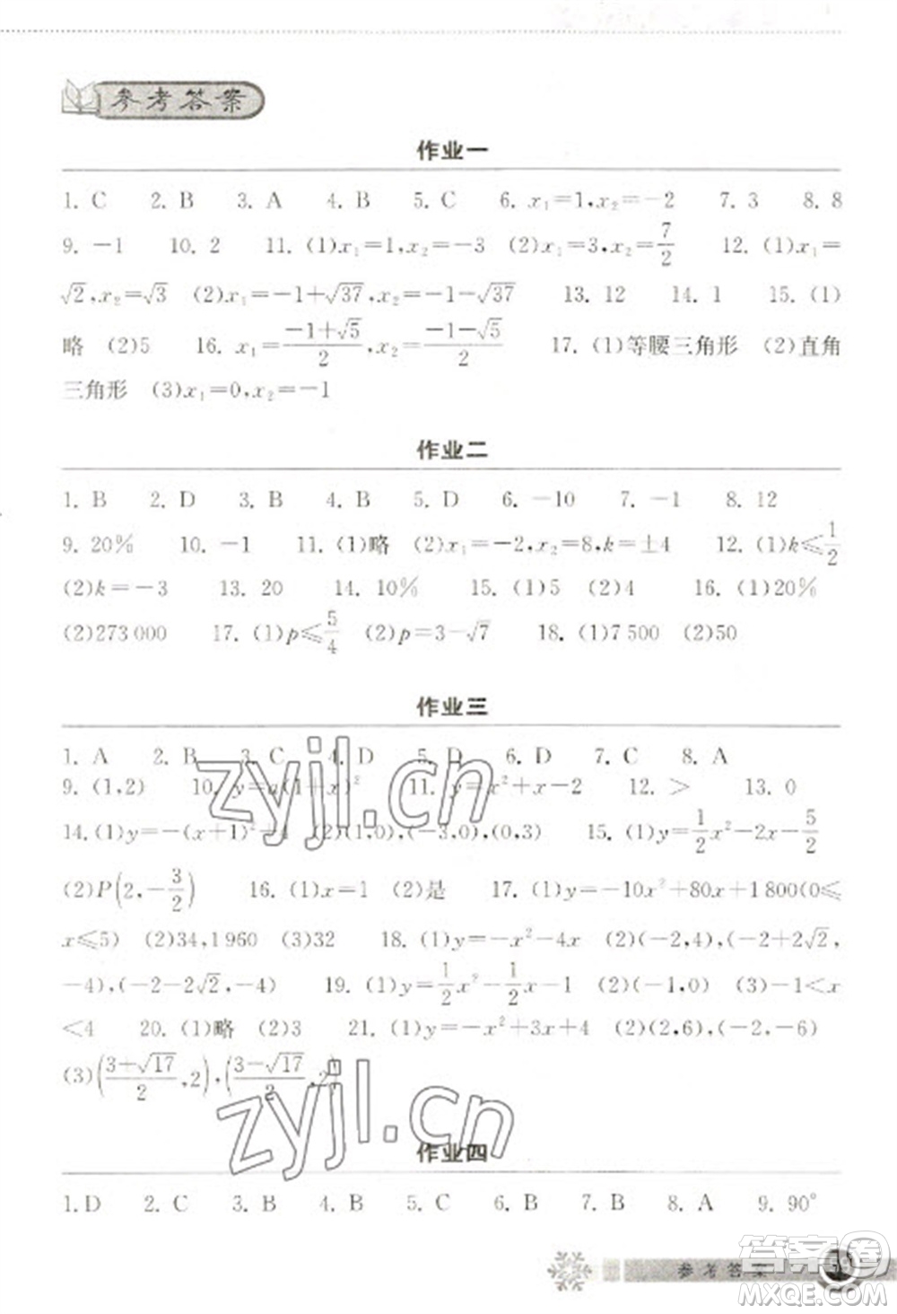 湖北教育出版社2023長(zhǎng)江作業(yè)本寒假作業(yè)九年級(jí)數(shù)學(xué)人教版參考答案