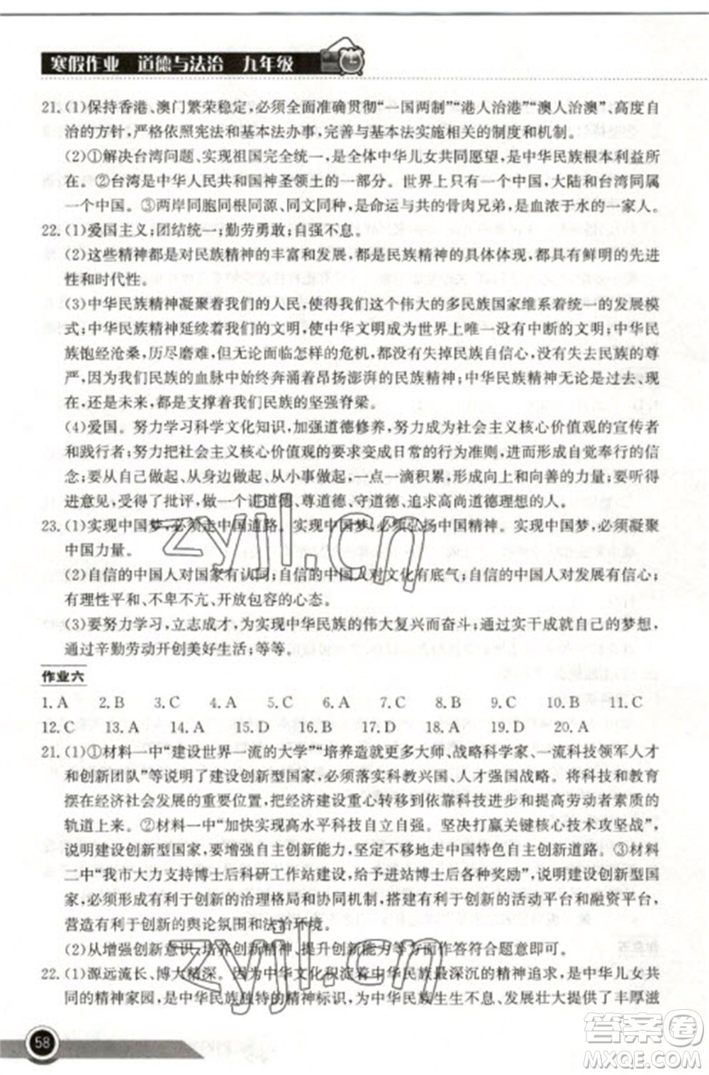 湖北教育出版社2023長江作業(yè)本寒假作業(yè)九年級道德與法治人教版參考答案