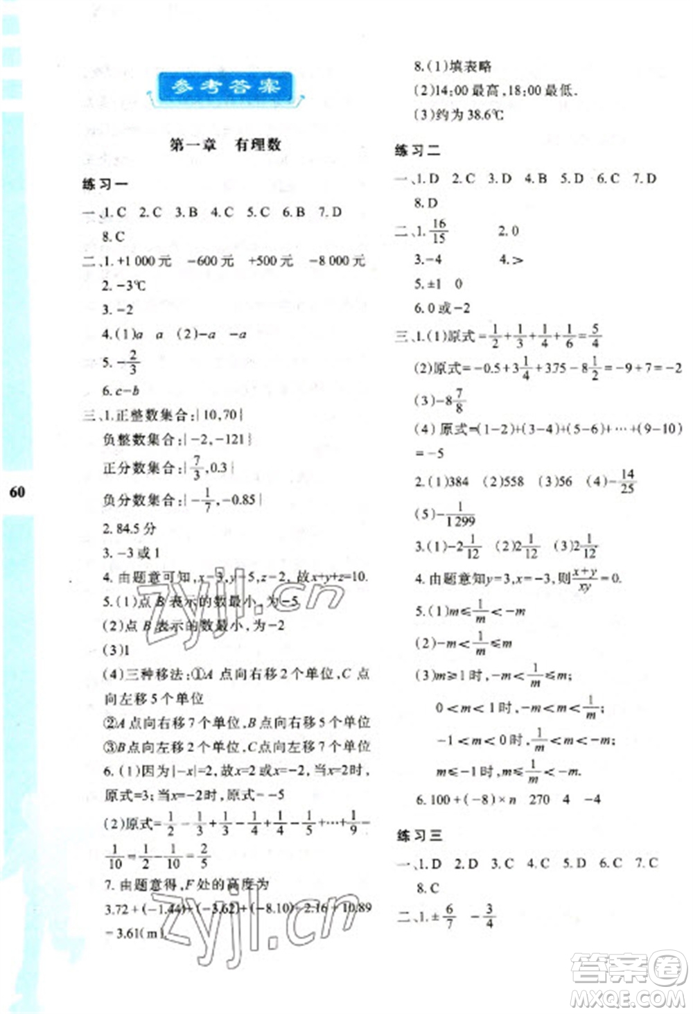 陜西人民教育出版社2023寒假作業(yè)與生活七年級數(shù)學(xué)人教版A版參考答案