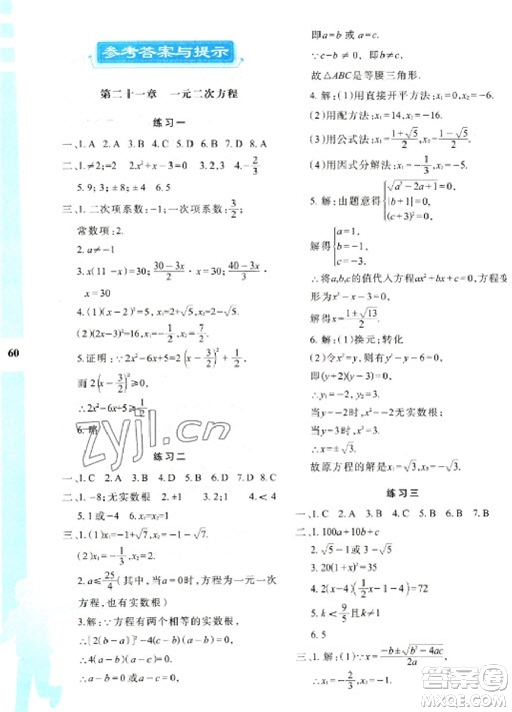 陜西人民教育出版社2023寒假作業(yè)與生活九年級(jí)數(shù)學(xué)人教版A版參考答案