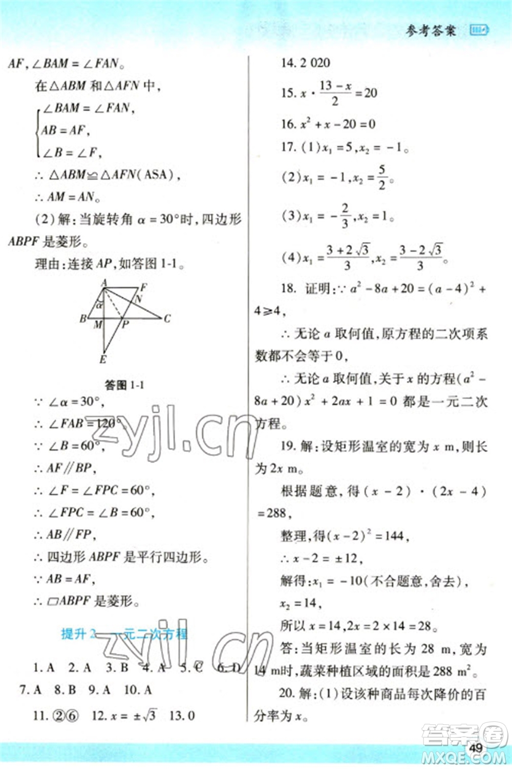 陜西師范大學出版總社2023寒假作業(yè)與生活九年級數(shù)學北師大版參考答案