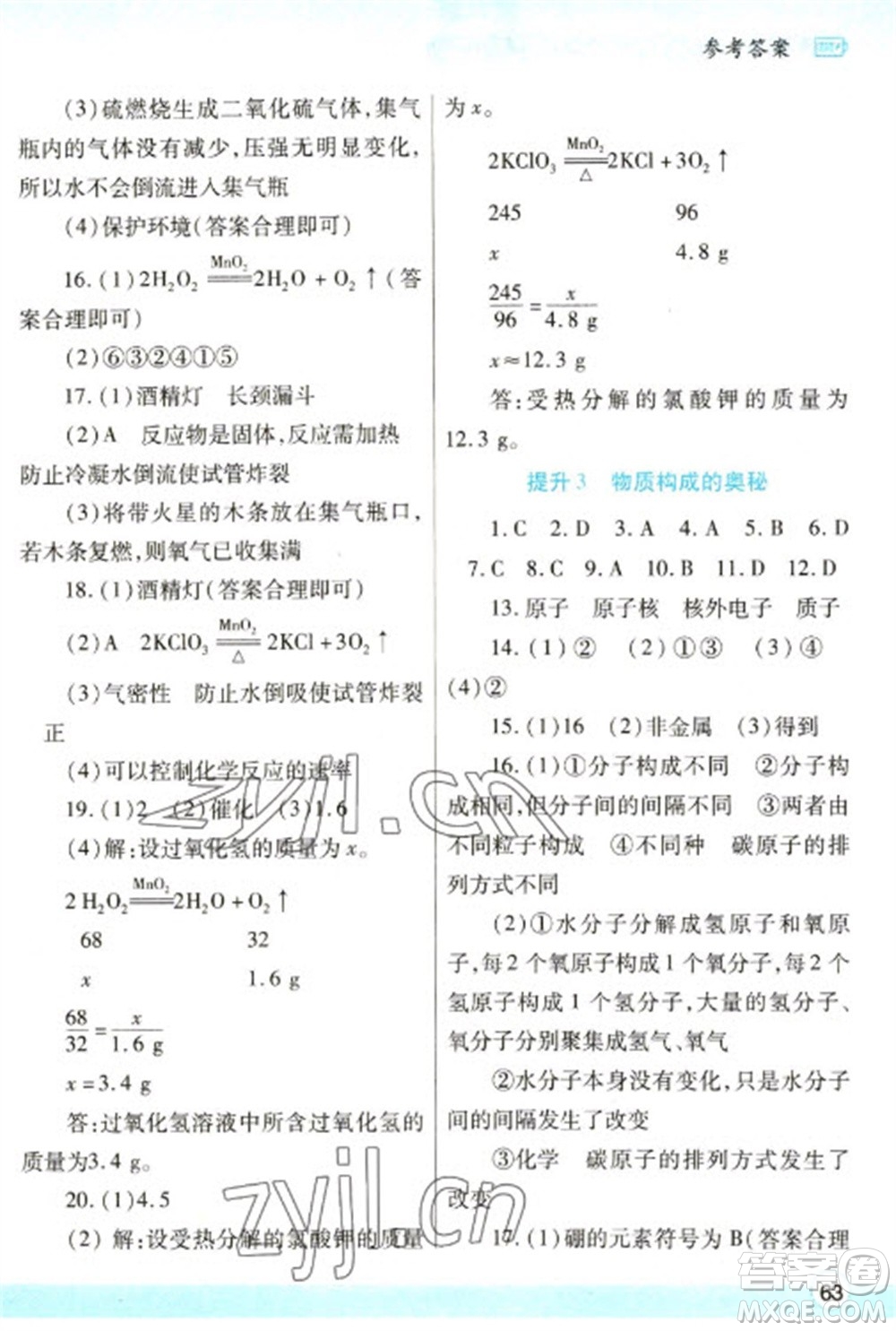 陜西師范大學(xué)出版總社2023寒假作業(yè)與生活九年級(jí)化學(xué)人教版參考答案