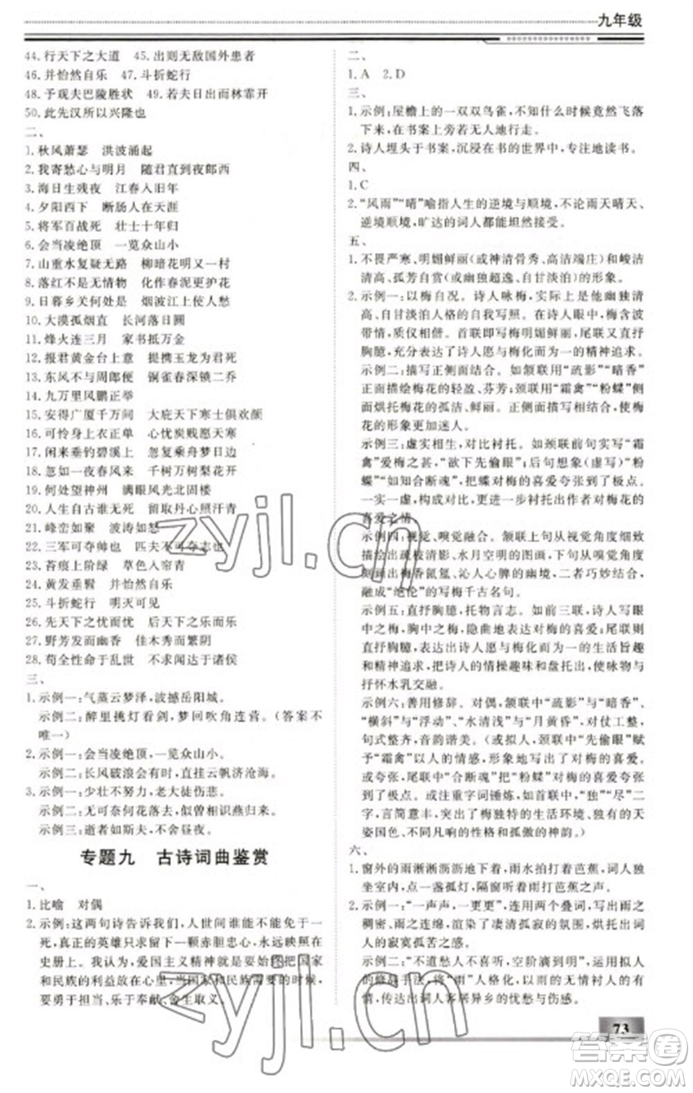 北京工業(yè)大學(xué)出版社2023文軒假期生活指導(dǎo)九年級語文通用版參考答案