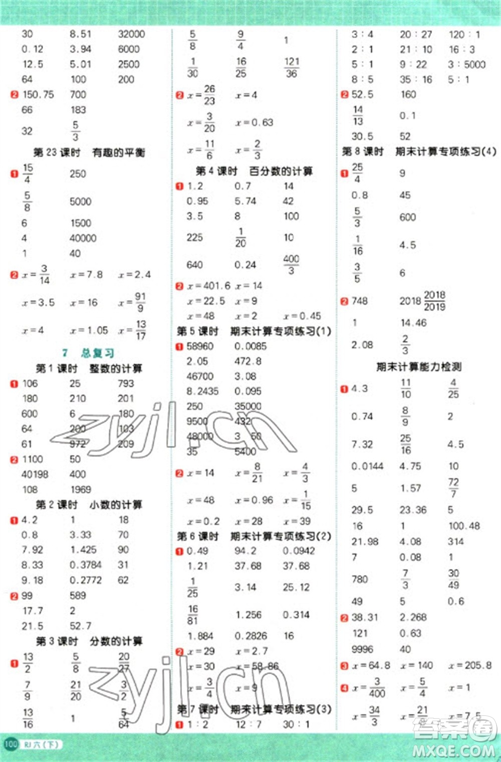 江西教育出版社2023陽光同學(xué)計(jì)算小達(dá)人六年級(jí)下冊(cè)數(shù)學(xué)人教版參考答案