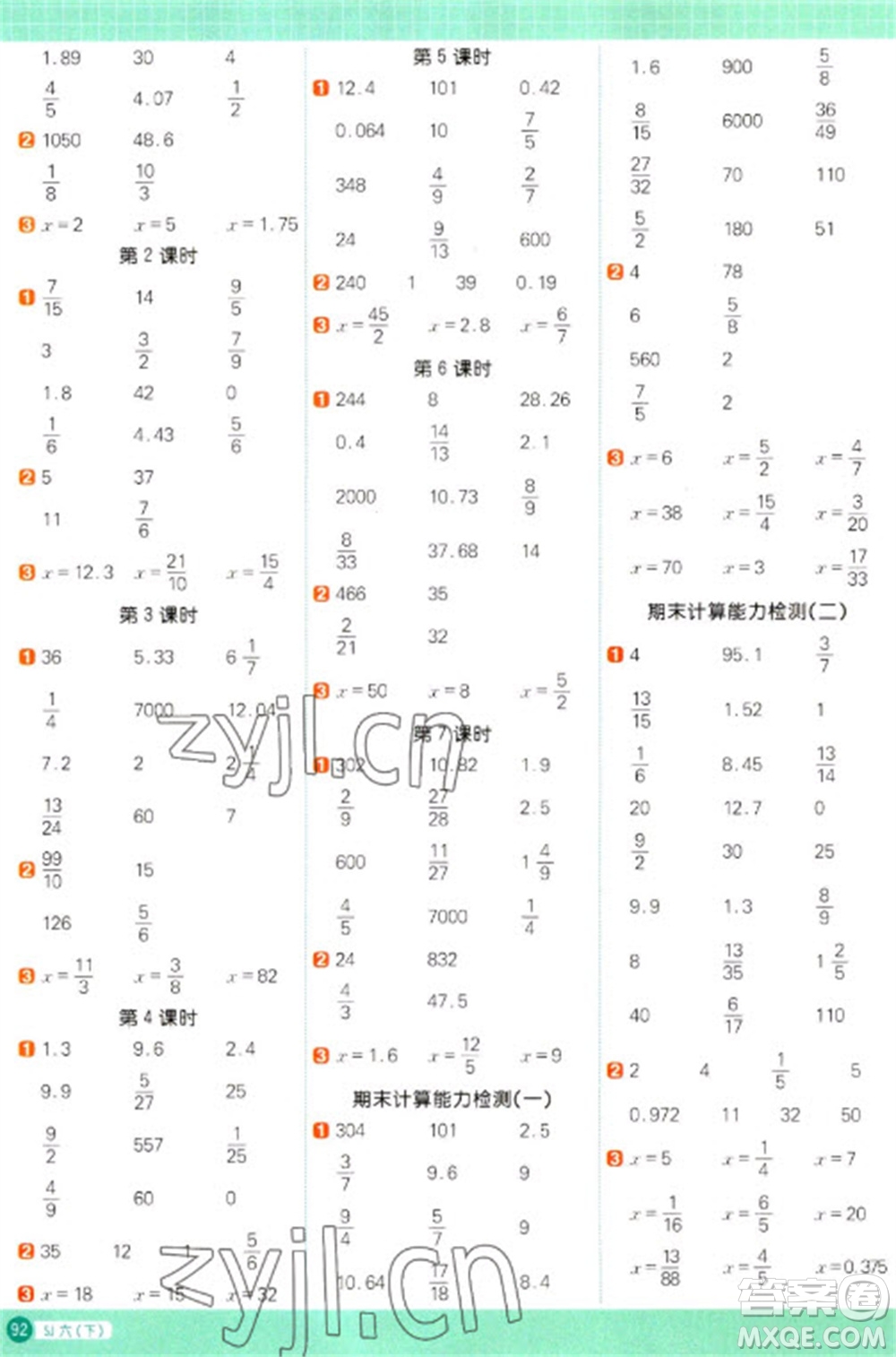 江西教育出版社2023陽光同學(xué)計算小達人六年級下冊數(shù)學(xué)蘇教版參考答案