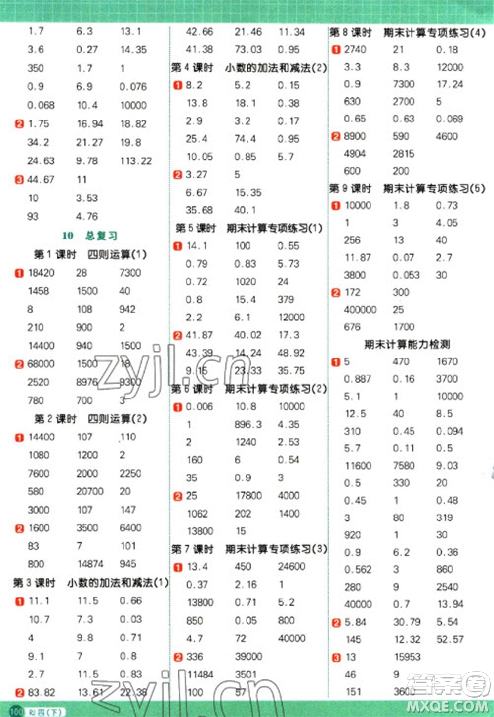 江西教育出版社2023陽光同學計算小達人四年級下冊數(shù)學人教版參考答案