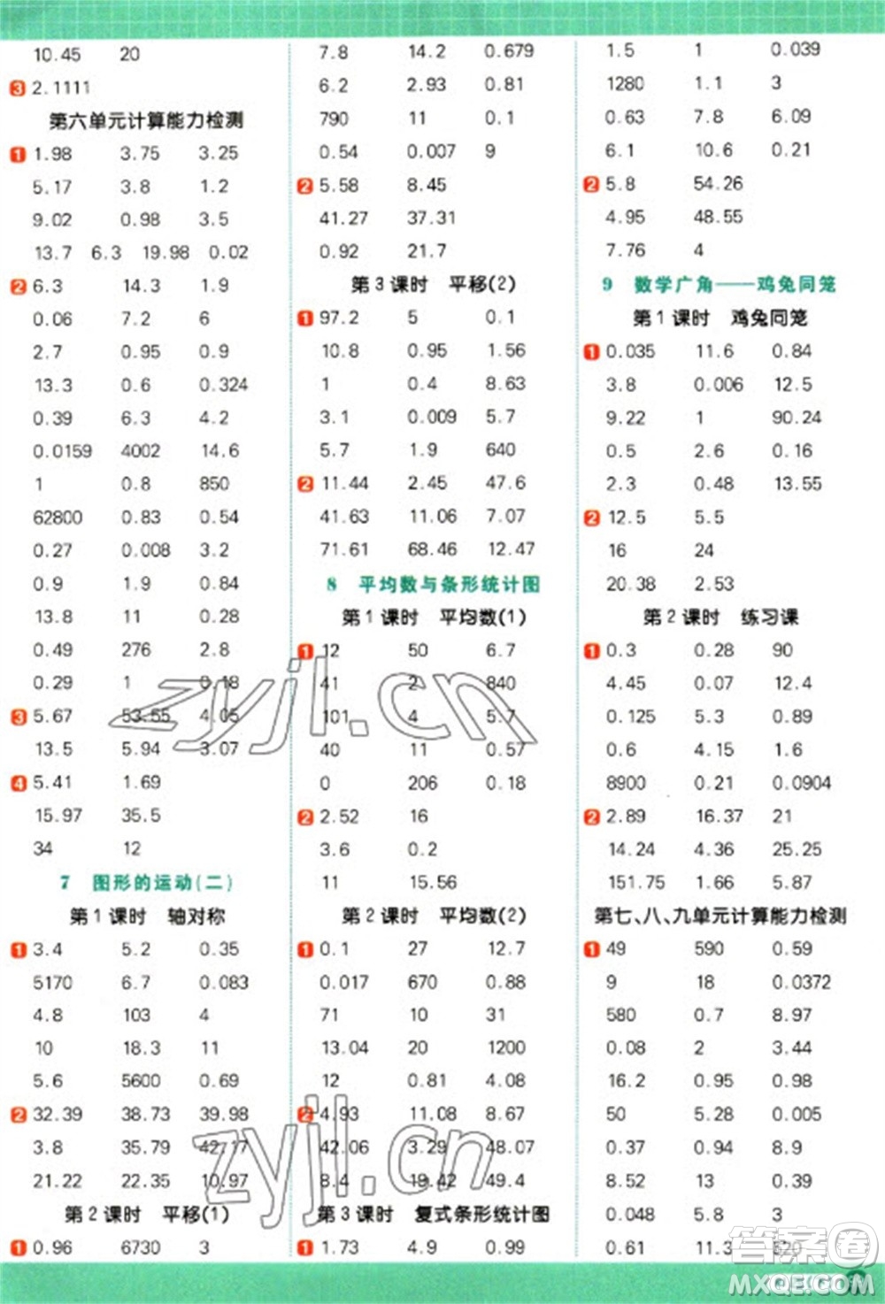 江西教育出版社2023陽光同學計算小達人四年級下冊數(shù)學人教版參考答案