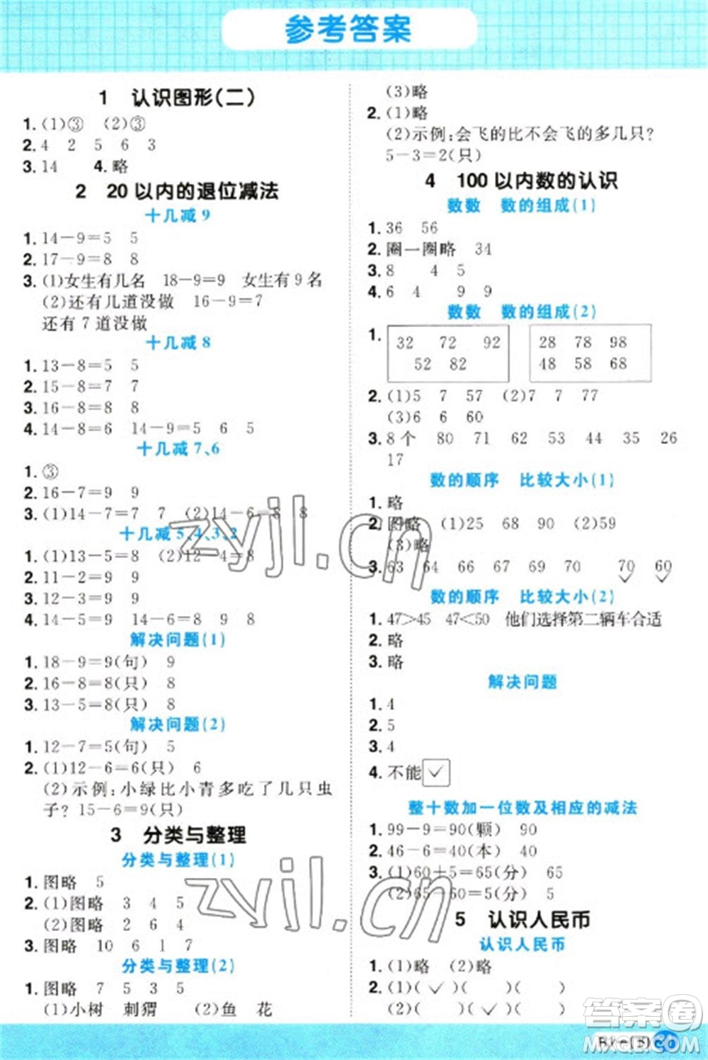 江西教育出版社2023陽(yáng)光同學(xué)計(jì)算小達(dá)人一年級(jí)下冊(cè)數(shù)學(xué)人教版參考答案