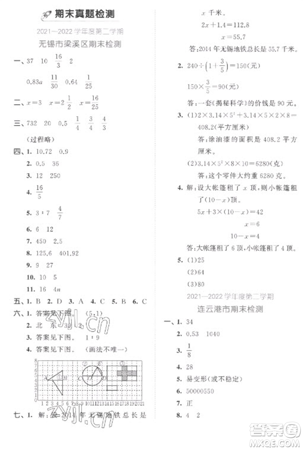 西安出版社2023春季53全優(yōu)卷六年級下冊數學蘇教版參考答案