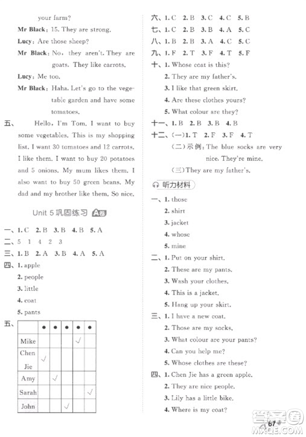 西安出版社2023春季53全優(yōu)卷四年級(jí)下冊(cè)數(shù)英語(yǔ)人教PEP版參考答案