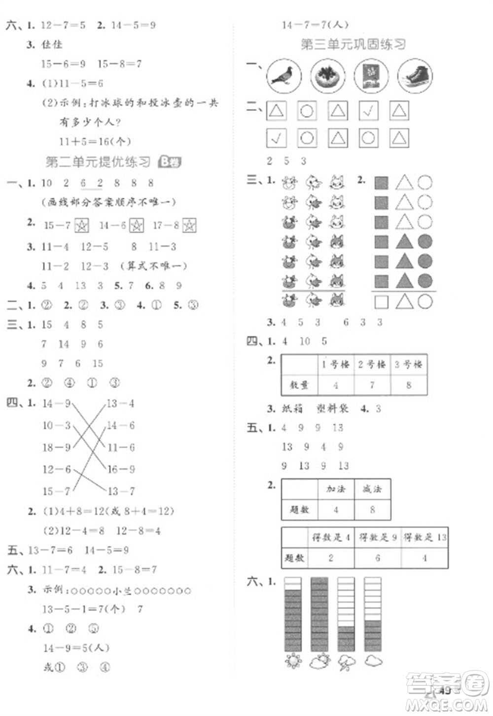 西安出版社2023春季53全優(yōu)卷一年級(jí)下冊(cè)數(shù)學(xué)人教版參考答案