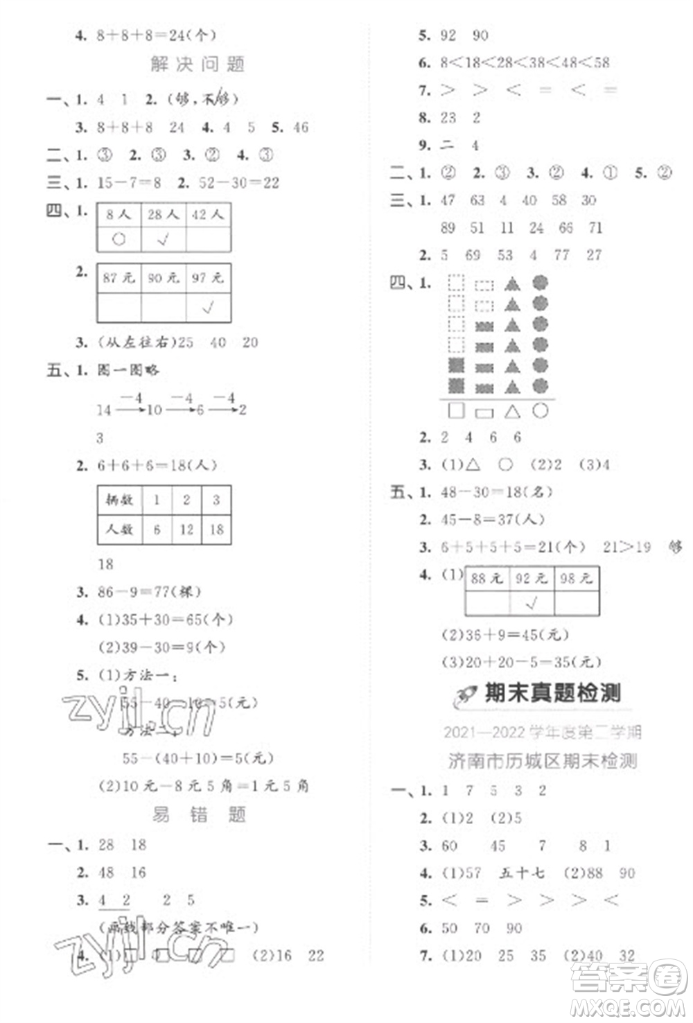 西安出版社2023春季53全優(yōu)卷一年級(jí)下冊(cè)數(shù)學(xué)人教版參考答案