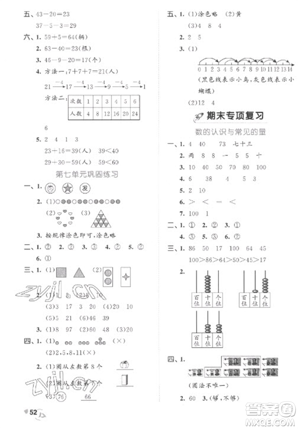 西安出版社2023春季53全優(yōu)卷一年級(jí)下冊(cè)數(shù)學(xué)人教版參考答案