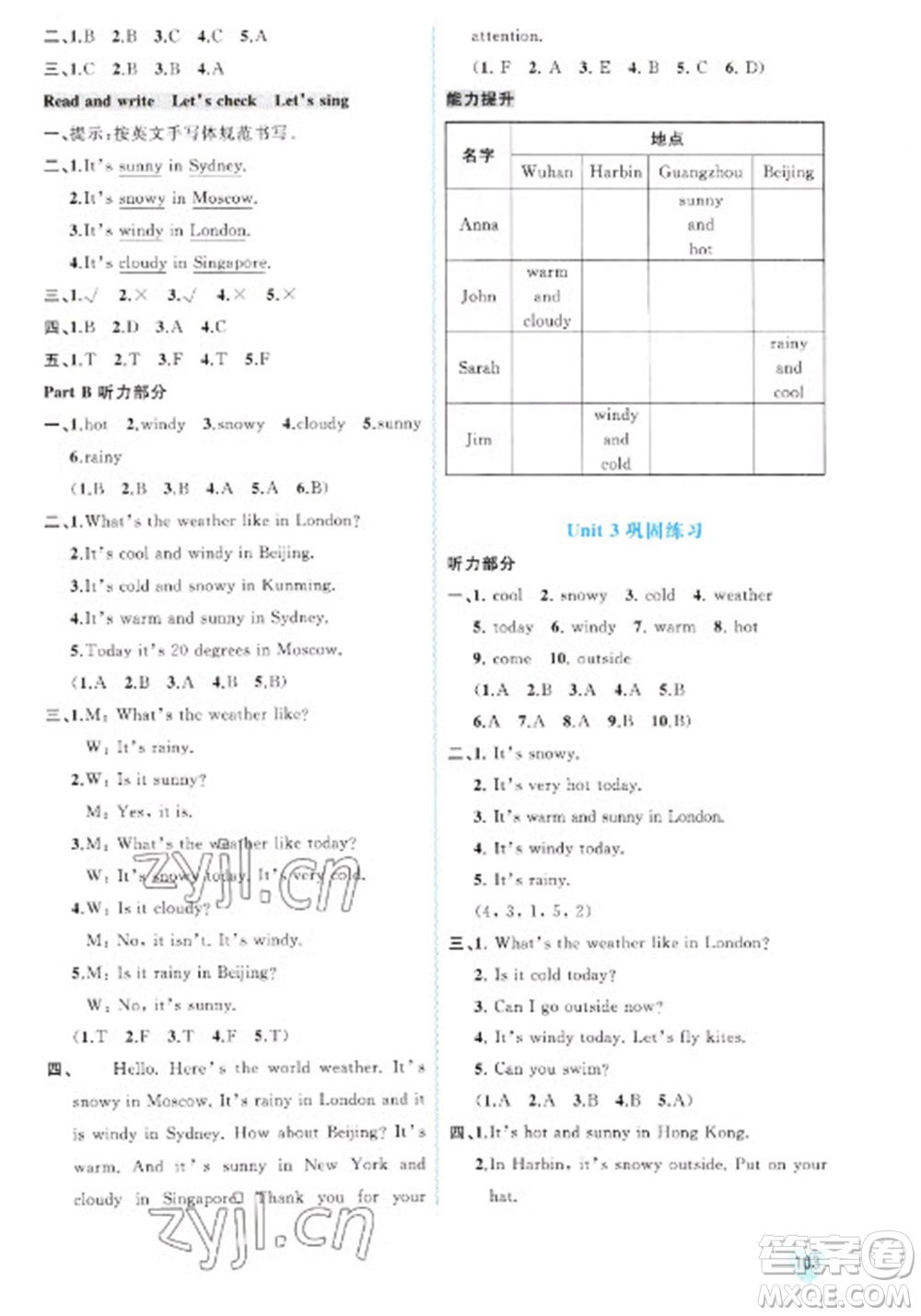 廣西教育出版社2023新課程學(xué)習(xí)與測評同步學(xué)習(xí)四年級下冊英語人教版參考答案