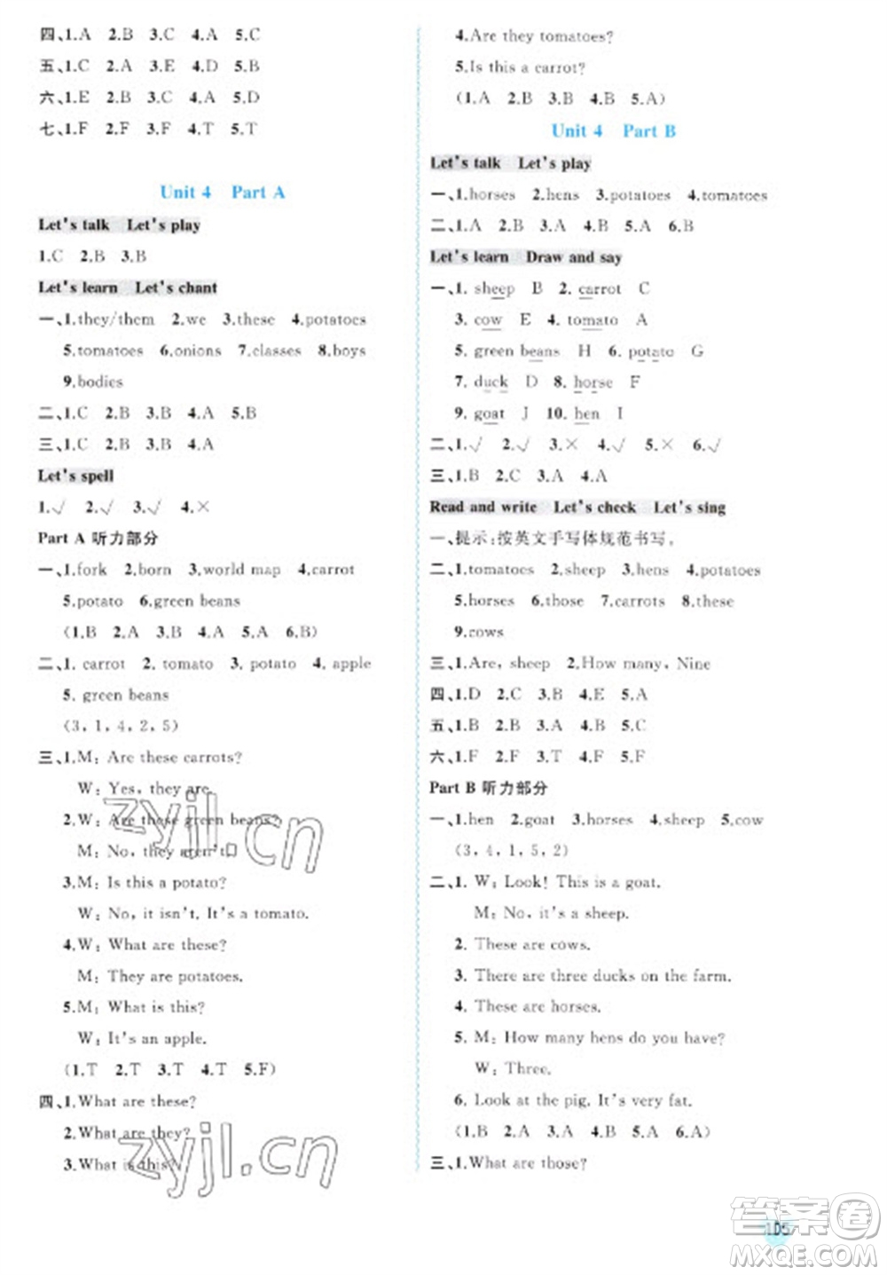 廣西教育出版社2023新課程學(xué)習(xí)與測評同步學(xué)習(xí)四年級下冊英語人教版參考答案