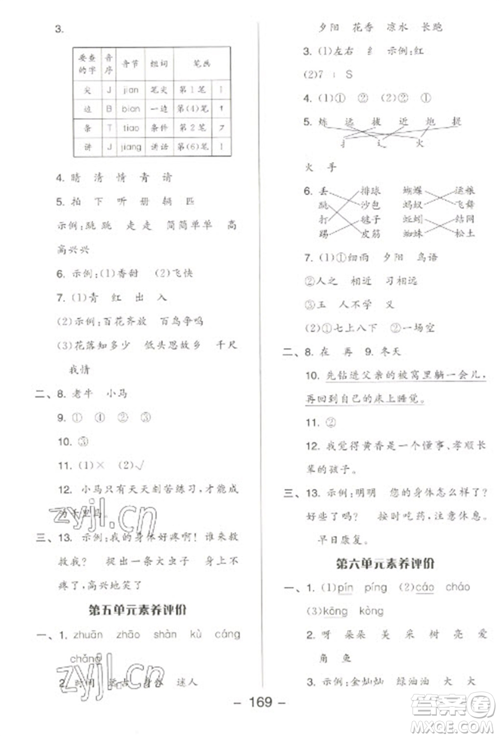 開明出版社2023全品學練考一年級下冊語文人教版參考答案