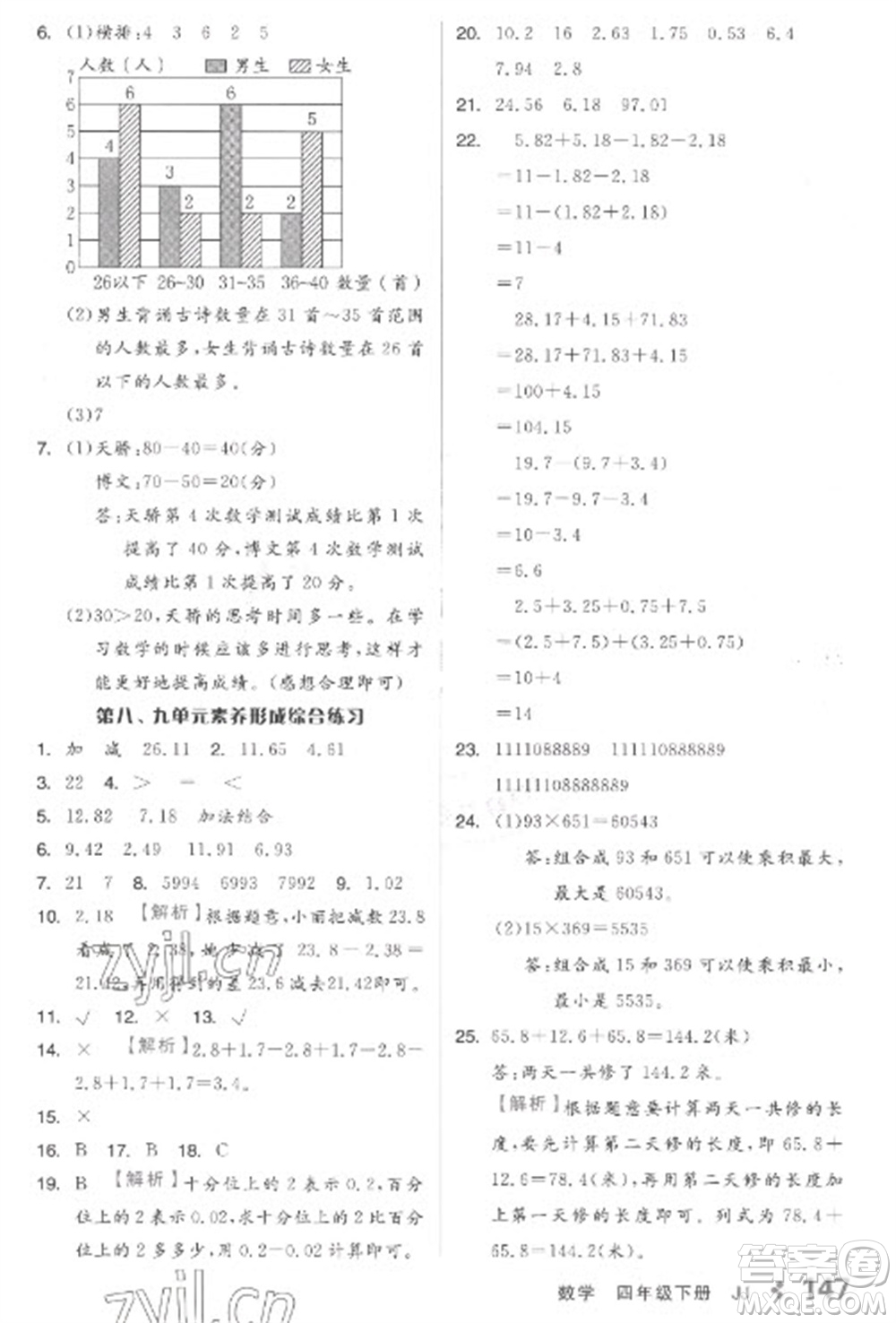 開明出版社2023全品學(xué)練考四年級下冊數(shù)學(xué)冀教版參考答案