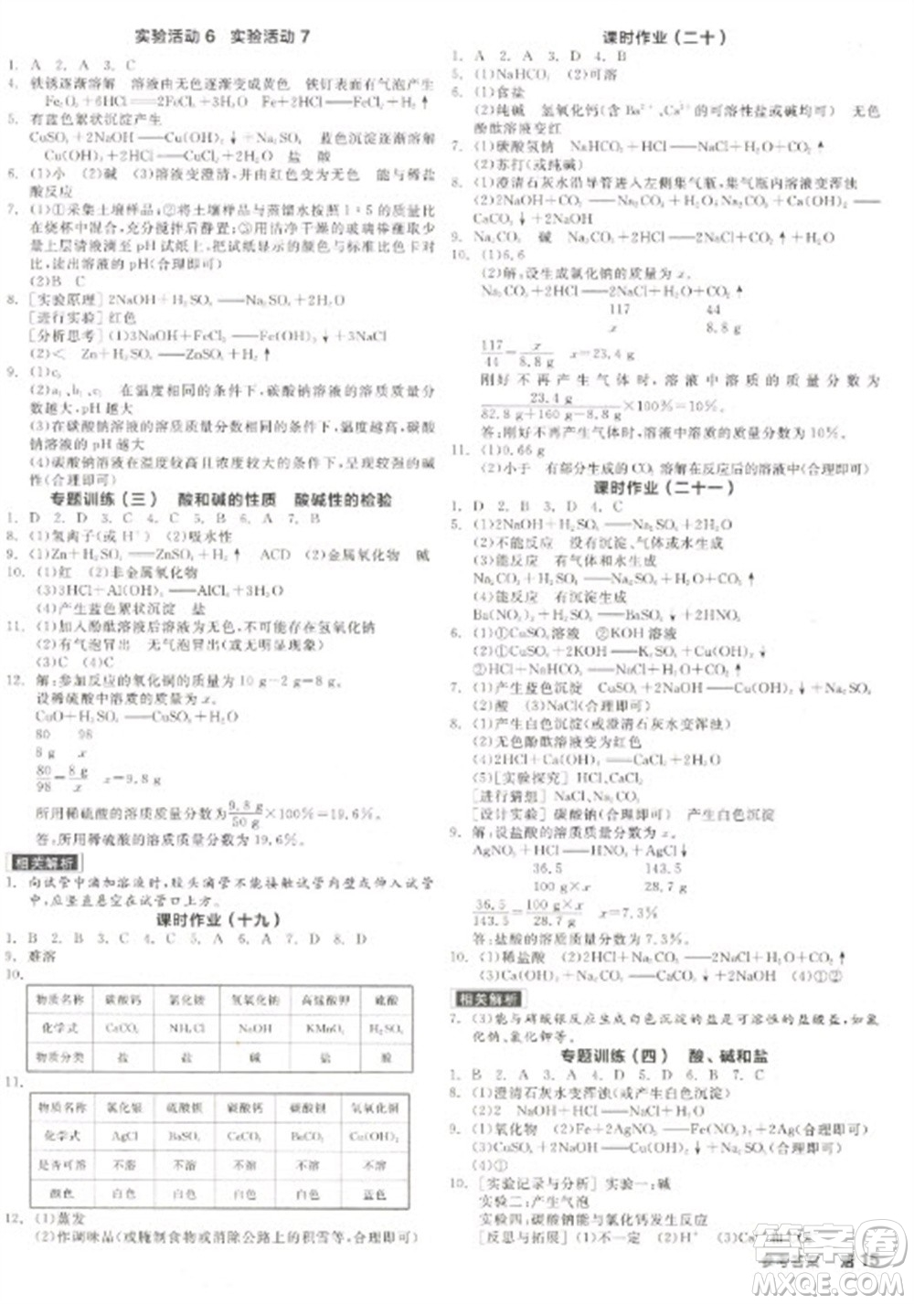 陽光出版社2023全品學(xué)練考九年級下冊化學(xué)人教版參考答案