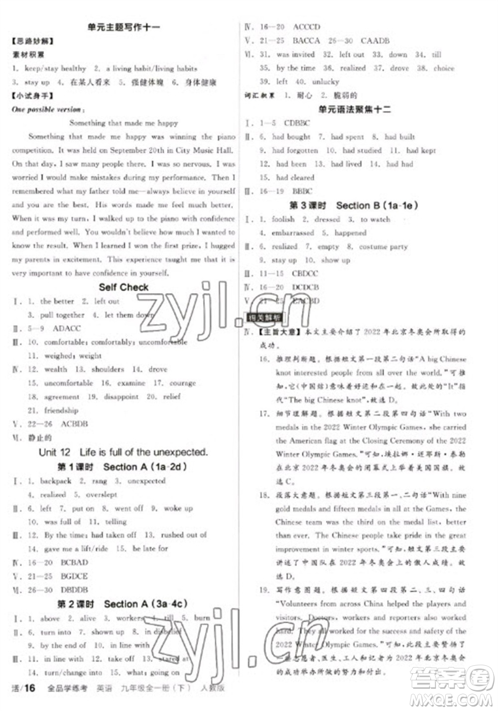 陽光出版社2023全品學(xué)練考九年級下冊英語人教版參考答案