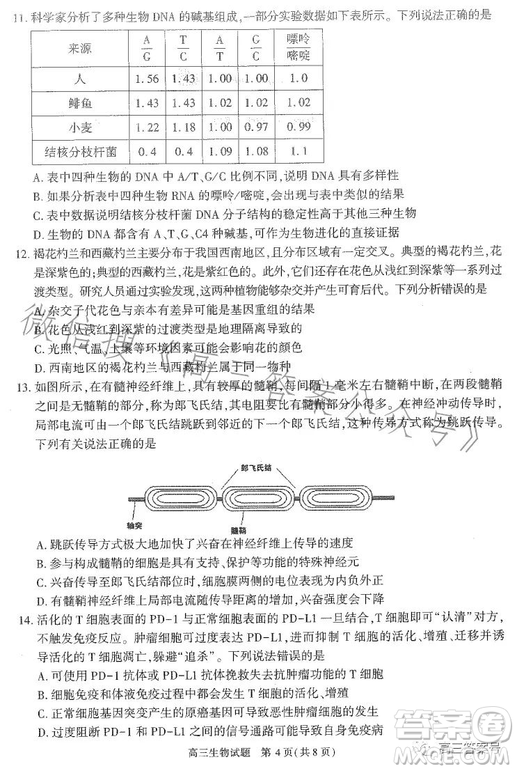 合肥市2023年高三第一次教學(xué)質(zhì)量檢測(cè)生物試卷答案