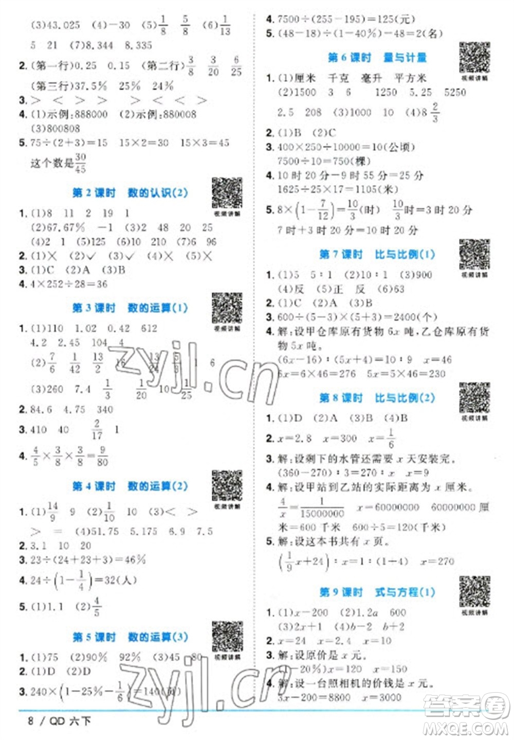 江西教育出版社2023陽光同學(xué)課時優(yōu)化作業(yè)六年級數(shù)學(xué)下冊青島版參考答案