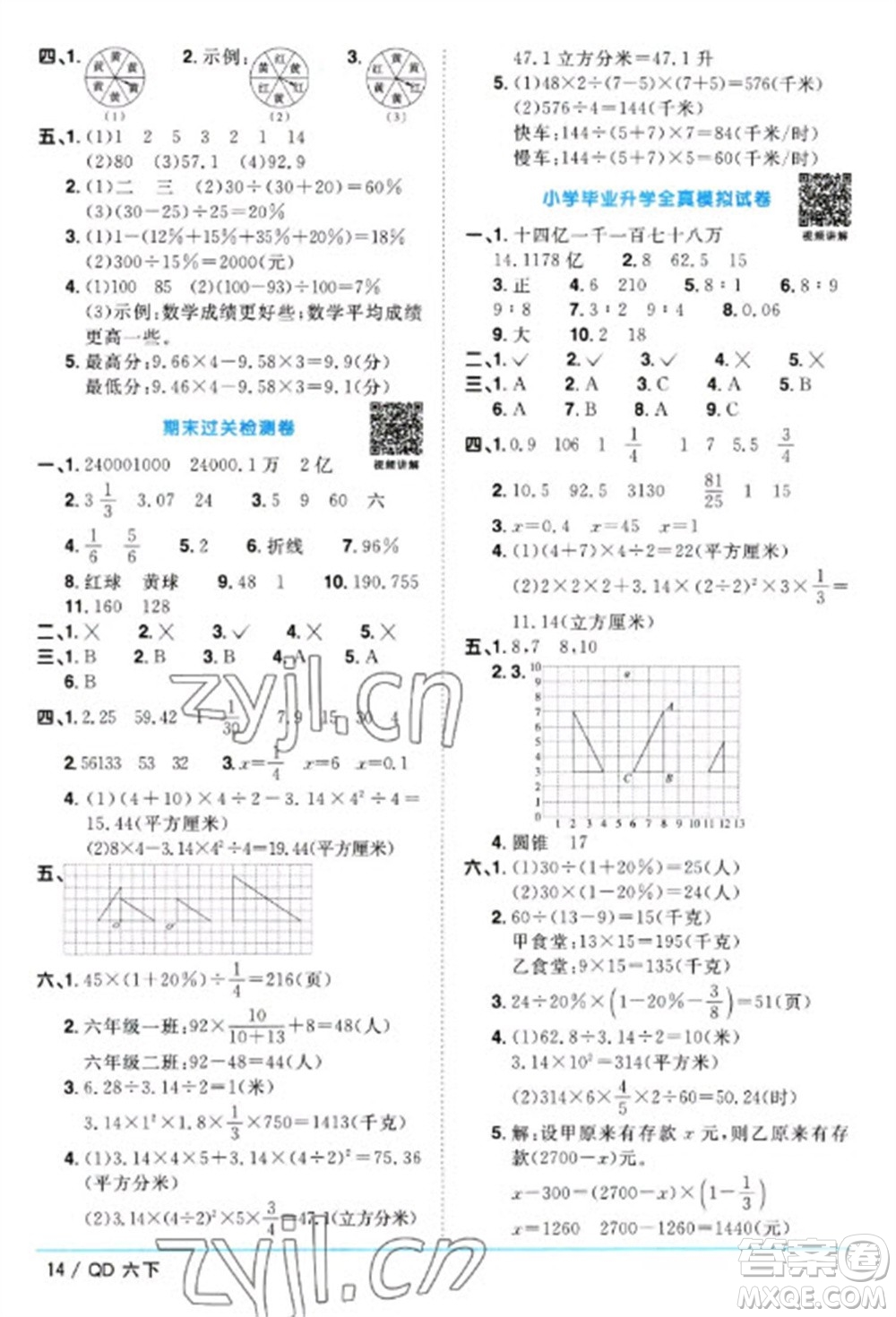 江西教育出版社2023陽光同學(xué)課時優(yōu)化作業(yè)六年級數(shù)學(xué)下冊青島版參考答案