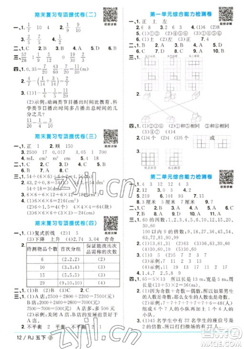 福建少年兒童出版社2023陽光同學(xué)課時優(yōu)化作業(yè)五年級數(shù)學(xué)下冊人教版福建專版參考答案