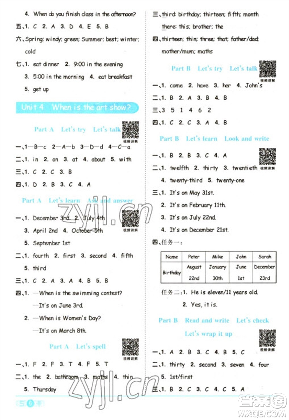 江西教育出版社2023陽(yáng)光同學(xué)課時(shí)優(yōu)化作業(yè)五年級(jí)英語(yǔ)下冊(cè)人教PEP版參考答案