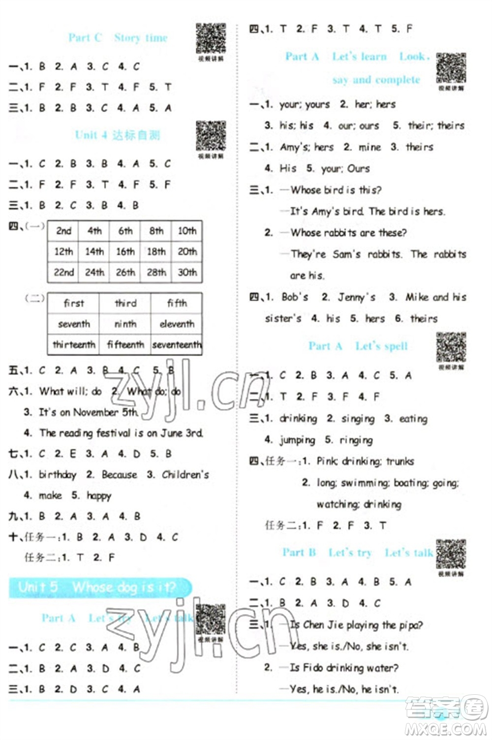 江西教育出版社2023陽(yáng)光同學(xué)課時(shí)優(yōu)化作業(yè)五年級(jí)英語(yǔ)下冊(cè)人教PEP版參考答案