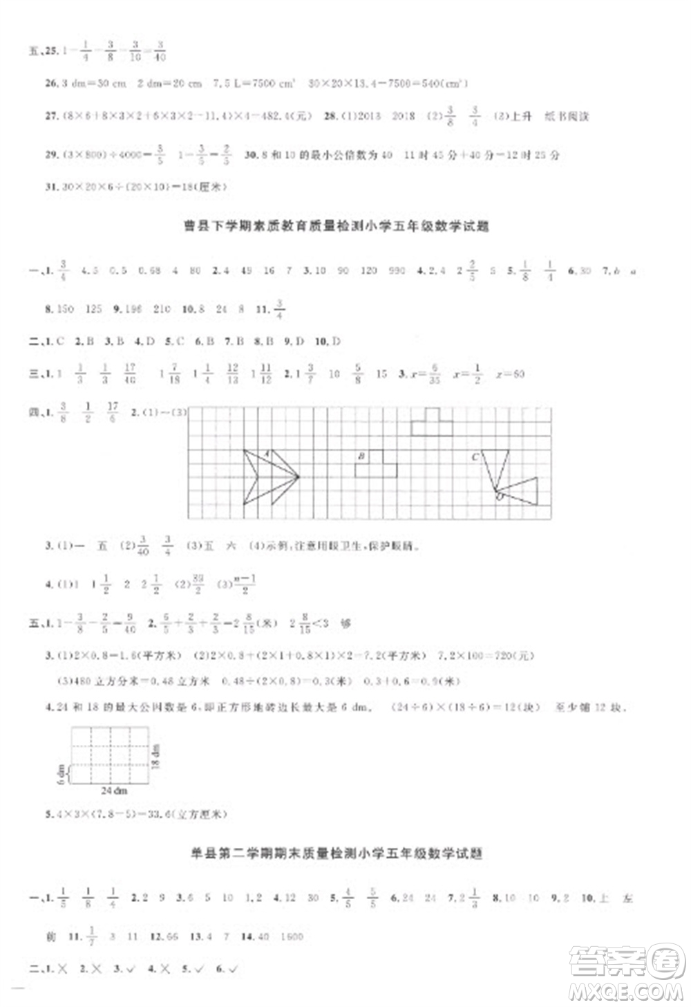 江西教育出版社2023陽光同學(xué)課時(shí)優(yōu)化作業(yè)五年級(jí)數(shù)學(xué)下冊(cè)人教版菏澤專版參考答案