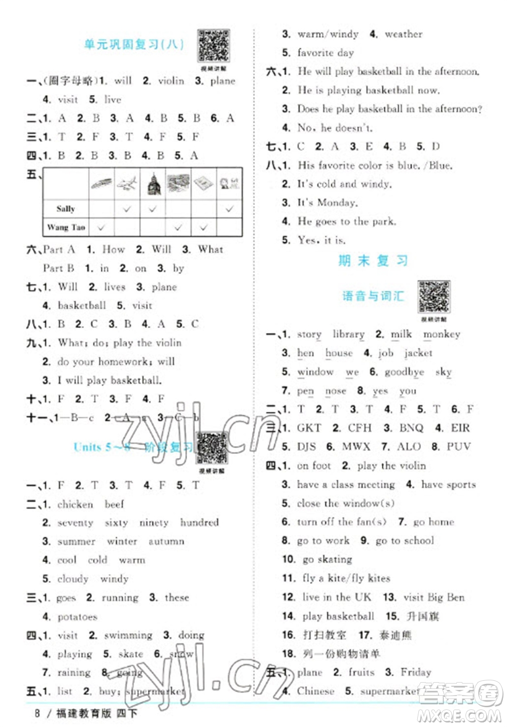 江西教育出版社2023陽光同學課時優(yōu)化作業(yè)四年級英語下冊閩教版福建專版參考答案